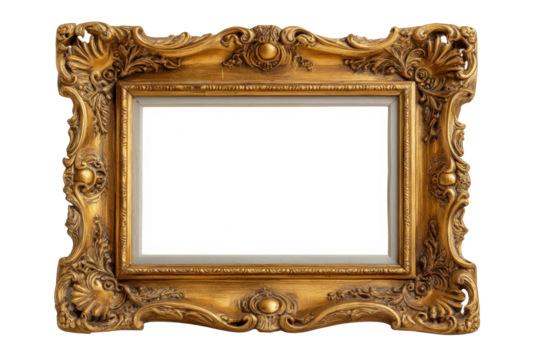 PNG Ornate baroque gold frame with intricate carvings on black background