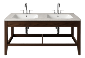 Console under sink with a double-basin setup, accommodating a busy morning routine in a large family home.