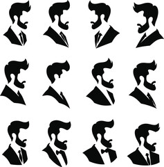 Twelve stylish men's silhouettes in suits profile views
