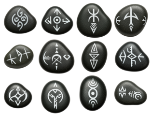 Black stones with white symbols arranged in a grid on transparent background  