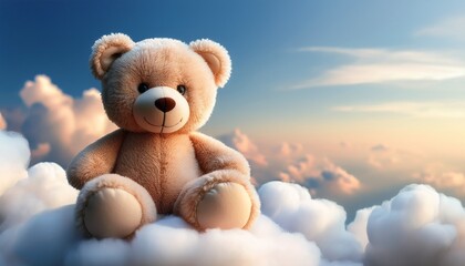 cute teddy bear sitting on fluffy clouds with a dreamy background