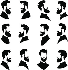 Twelve male beard silhouettes profile views