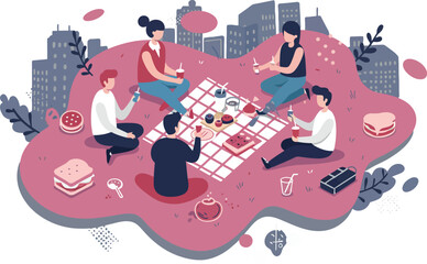 Group of people playing board games together on pink abstract cityscape background with skyscrapers and snacks around