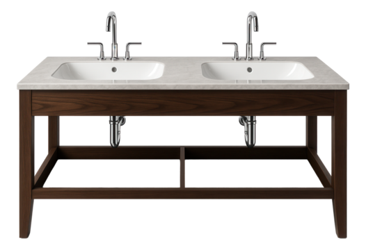Console under sink with a double-basin setup, accommodating a busy morning routine in a large family home.