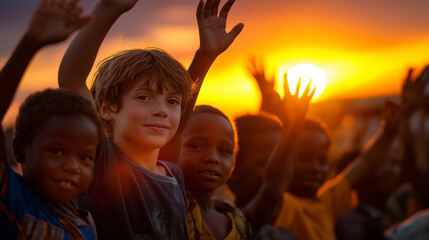 Children saying goodbye to volunteers at sunset