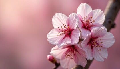 Obraz premium Close-up of delicate pink cherry blossoms. Soft petals, gentle floral macro photo. Gentle pastel colors, spring bloom. Botanical art for beauty, romance concepts. Aesthetic image.