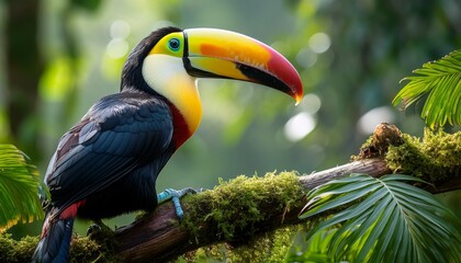 Fototapeta premium a vibrant toucan perched on a branch in what appears to be a tropical setting with lush greenery