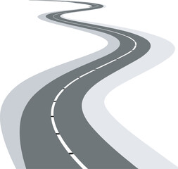 Abstract Winding Road: Gray Scale Journey,  Serene Travel Concept,  Asphalt Path Ahead. isolated on a white background