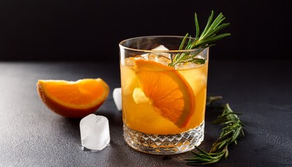 refreshing iced orange and ginger drink with rosemary garnish served in a glass with ice cubes on dark background