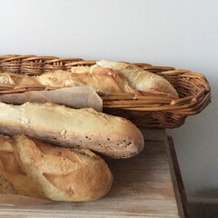 Freshly Baked Baguettes in a Wicker Basket on a Rustic Wooden Board