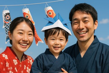                                        A smiling Japanese family with a son in a paper helmet pose with Koinobori on Children's Day. Concept of: Celebrating family in Japanese style.  