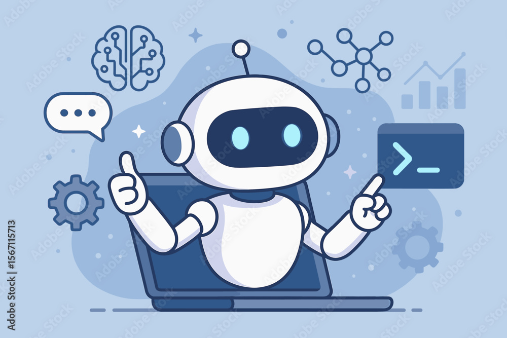 Poster ai robot chatbot from laptop. artificial intelligence technology illustration. virtual assistant for