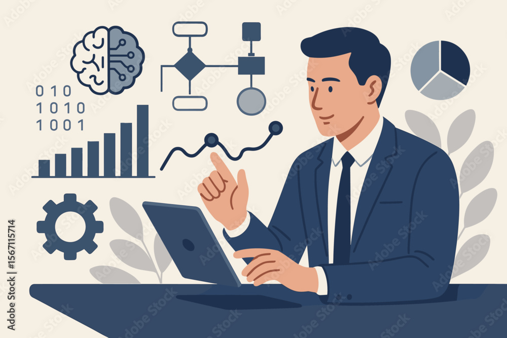 Poster ai business management concept. professional using a tablet for data analysis. artificial intelligen