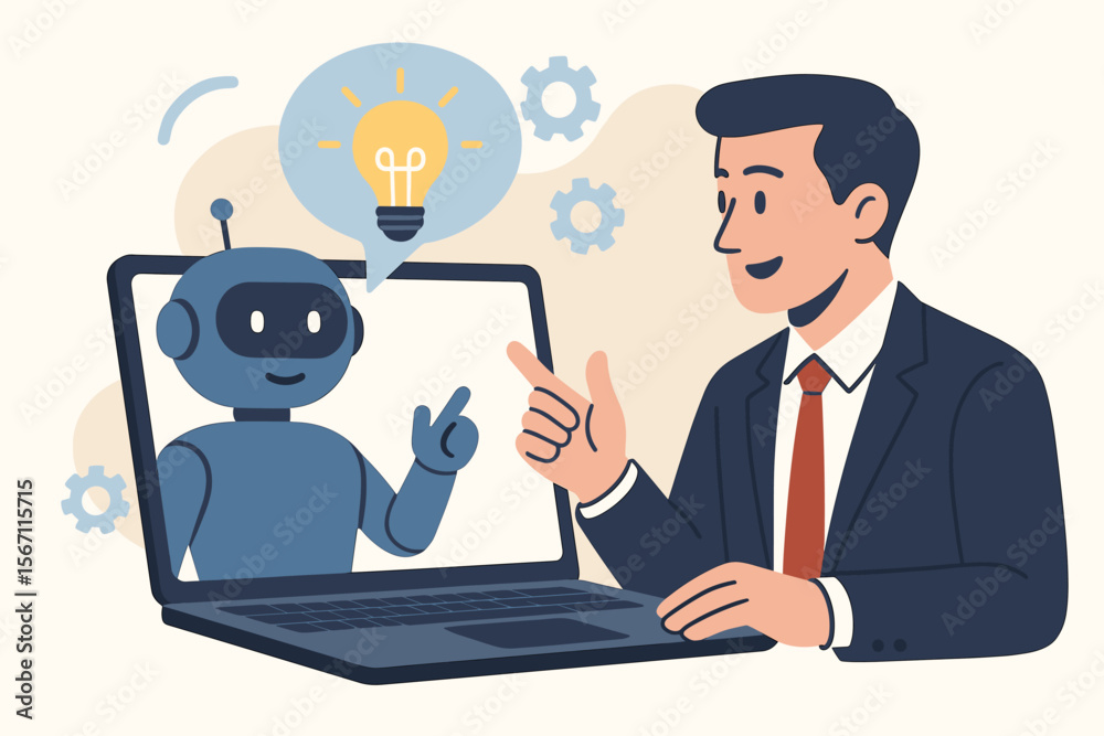 Poster ai chatbot and businessman conversation. robot on laptop gives smart business solution. artificial i