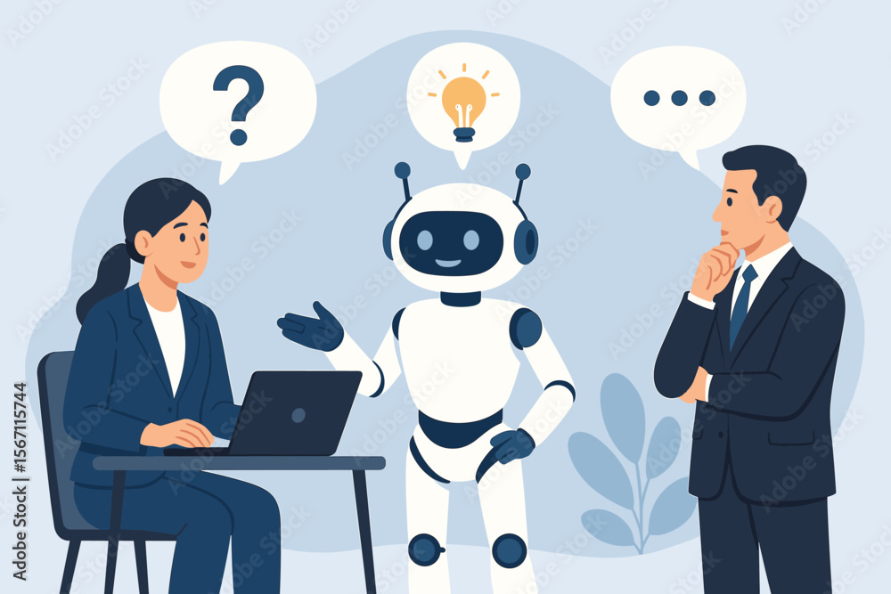 Poster ai technology concept. chatbot robot assistant communicates with business people. artificial intelli