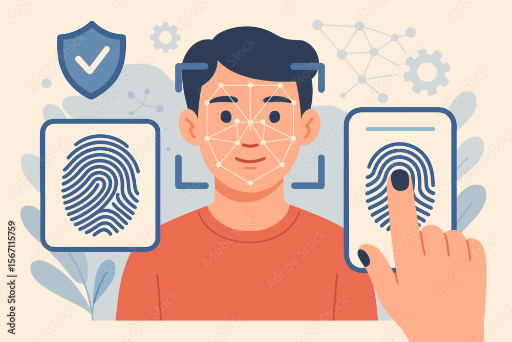 Poster biometric authentication technology concept. man using face recognition and fingerprint scanning for