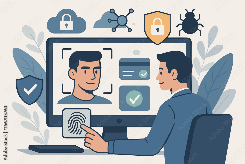 Poster biometric identification for cyber security. man uses fingerprint and face scan to protect business 