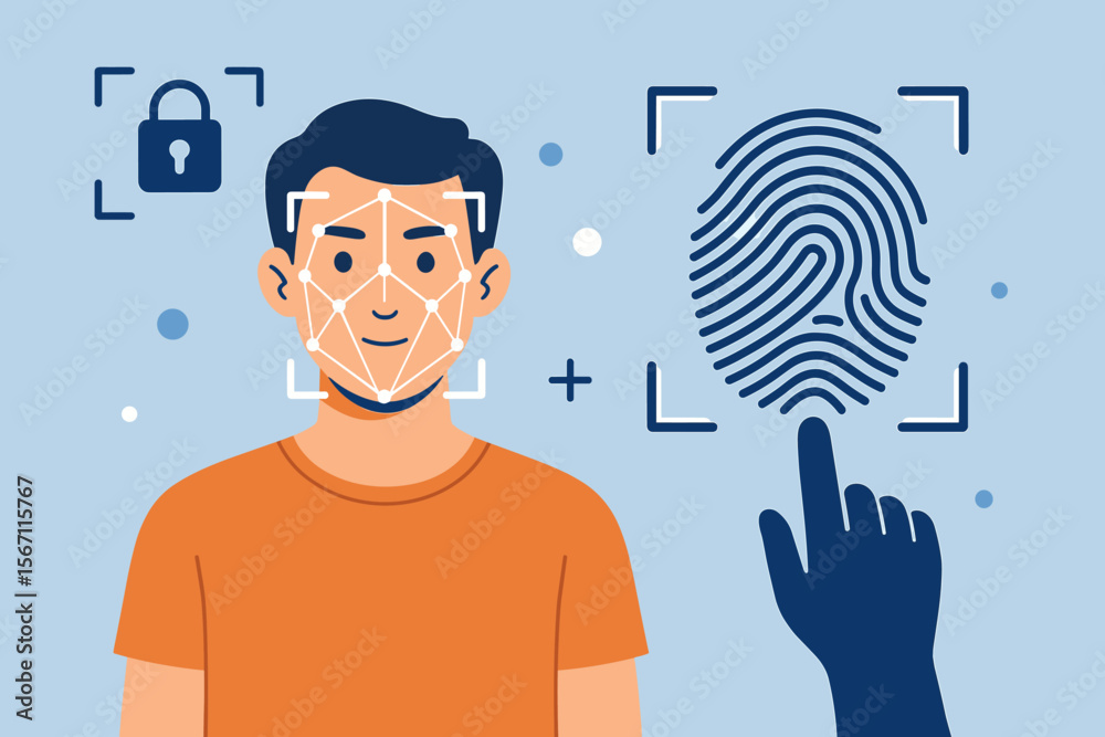 Poster biometric authentication technology with face recognition and fingerprint identification. secure acc