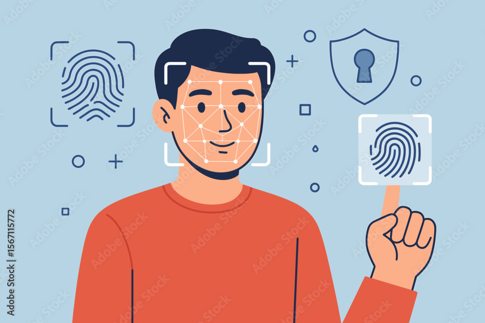 Poster biometric authentication security concept. man using face recognition and fingerprint scanning for i
