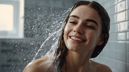 Obraz premium Beautiful satisfied European woman washes away shampoo from the head hair in bathroom, takes a shower and enjoys, smiling.. 