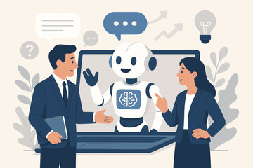 AI technology concept with business people talking to a chatbot. Artificial intelligence assistant on laptop providing support, solving problems, and aiding in decision making. Vector.