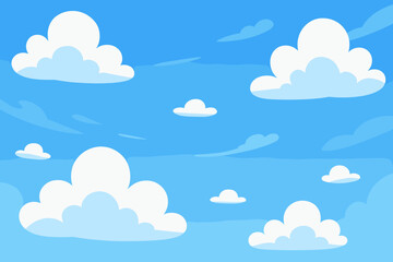 Blue sky background with cute white cartoon clouds. Modern flat vector illustration for kids. Cheerful and sunny daytime weather backdrop with copy space for text. Simple nature.