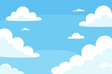 Blue sky with fluffy white clouds vector background. Modern flat cartoon illustration for kids. Sunny day weather scene with empty copy space for text. Simple nature landscape backdrop.