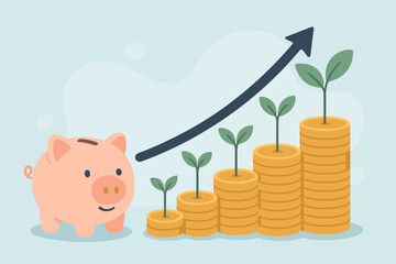 Business finance and saving money investment concept. Piggy bank with growing coin stack graph. Plant sprouting on money symbolizes financial growth, profit, and return on investment.