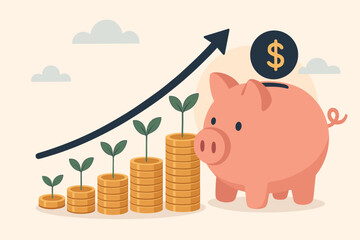 Business finance and saving money investment concept. Piggy bank with a coin stack growing graph. A plant growing on money represents financial success, profit, and wealth accumulation.