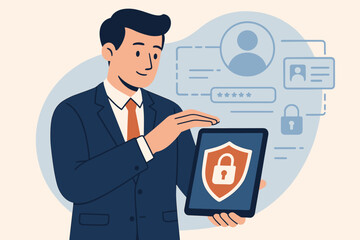 Businessman protecting personal data on a virtual interface. Cybersecurity concept with man holding tablet with security shield. Secure login, password, and user authentication.