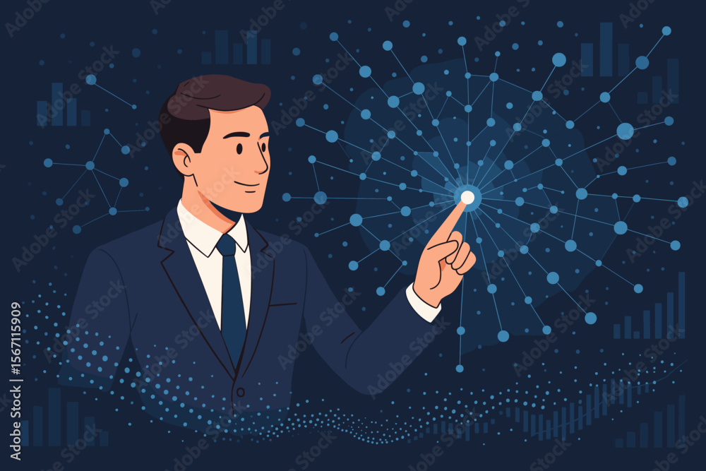 Poster businessman touching glowing point on a big data network visualization. man analyzing digital data f