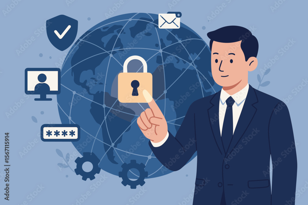 Poster cyber security and data protection concept. businessman touching virtual interface with padlock for 