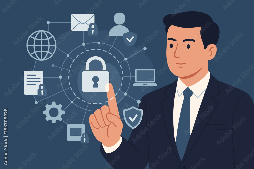 Poster cyber security and data protection concept. businessman touching a virtual screen with a padlock ico