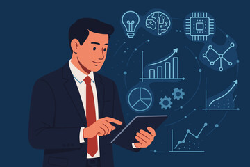 Businessman using a tablet for data science and analysis. Business intelligence concept with modern technology, AI, innovation, and creative ideas for financial growth and development.