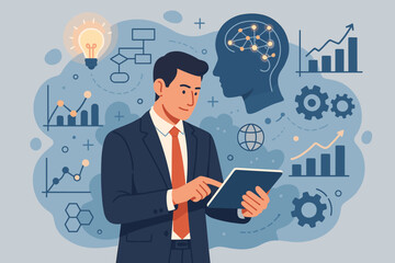 Businessman using a tablet for data science and business analysis. Modern technology concept with AI, deep learning, innovation, creative ideas, market growth, and development.