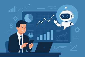 AI financial assistant. Businessman uses digital chatbot online. Robot assistant for data analysis, stock trading and investment. Fintech technology. Flat vector cartoon character.