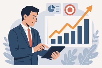 Businessman using tablet to analyze growth graph, financial data, and sales profit on virtual interface. Intelligent technology for smart business development and market strategy.