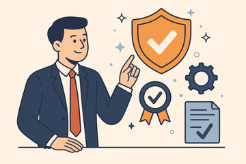 Businessman Illustrating Quality Assurance, Service Guarantee, ISO Certification, Standardization, Quality Management, Compliance Standards, Business Process Improvement, Corporate Excellence Concept