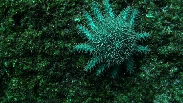In the warm Mexican waters, a majestic crown-of-thorns starfish rests atop a vibrant, textured coral reef. A view of underwater marine life in its natural habitat off the coast of Cozumel.