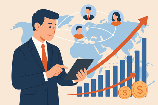 Businessman using tablet for global business strategy. Financial analysis with growth graph and world map. Concept of marketing, investment, sales data and economic development.