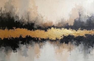 Naklejka premium Abstract painting textured with thick paint. Artwork features neutral tones of black brown gold. Modern art in minimalist style on canvas. Ideal for interior design, home decor.