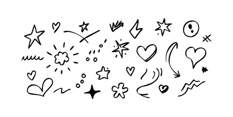 Obraz premium Hand drawn doodles stars hearts arrows sparkles vector design elements set art