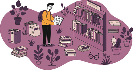 Person Reading Book in Library Surrounded by Bookshelves and Indoor Plants in Purple Tones 