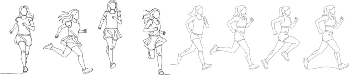 Dynamic Running Girls Line Art Illustration Set - Fitness and Sport Icons