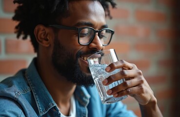 Afro american man with glasses drinks refreshing, cold water from glass. Happy, joyful, thirsty guy in denim jacket, enjoys clear potable liquid, hydrating. Healthy lifestyle, hydration.
