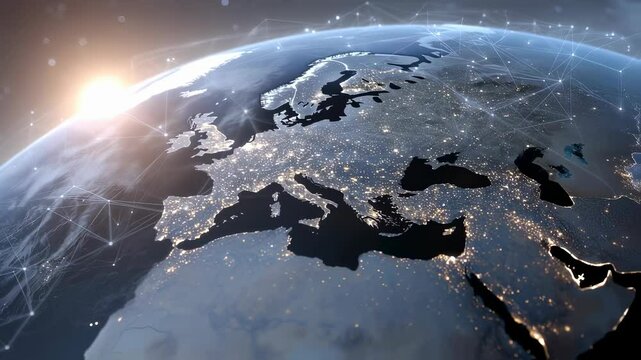 Earth view from space showing Europe at night with city lights. Global communication network concept. Digital world map for international business and technology. - Powered by Adobe