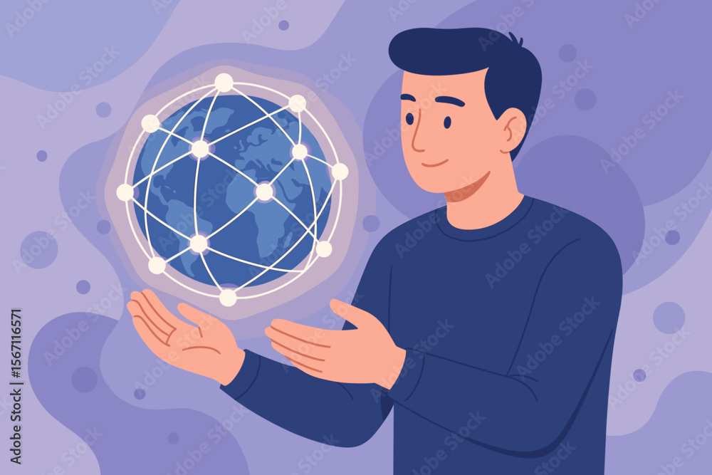 Poster global network connection concept. man holding digital globe with interconnected nodes. internet com