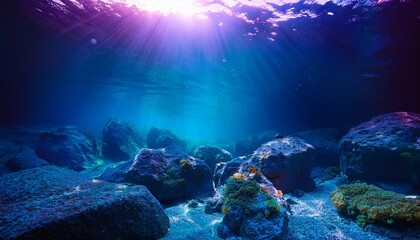 Fototapeta premium underwater scene with rocks and water lit by neon lights featuring a mystical ambience