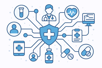 Healthcare technology network concept. Medical data integration, digital health records, telemedicine, doctor, prescription, pills, mobile app, laboratory, security, modern flat vector illustration