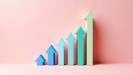 Ascending arrows in shades of blue and green against a pink background growth progress